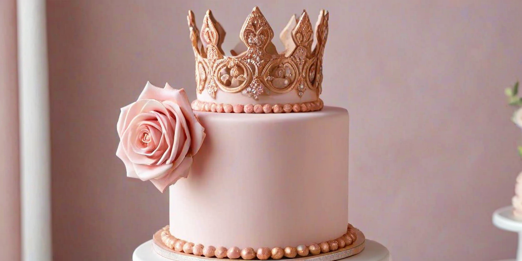 Create an elegant two-tier cake with a smooth pale pink fondant finish. The top tier should be simple and adorned with a sparkling rose gold crown. The bottom tier should feature intricate rose and ruffle designs, with soft pink and white roses placed decoratively around the base. Add a touch of shimmer with a sparkling belt made of edible rhinestones.
