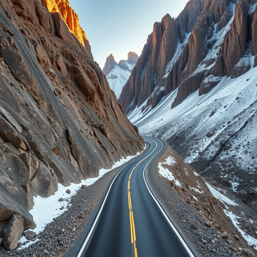 Generate a high-resolution image of a winding mountain road surrounded by towering cliffs and snow, captured with a DSLR camera at f/8 aperture, ISO 100, 24mm focal length, in natural light, using a wide-angle lens for an expansive view.