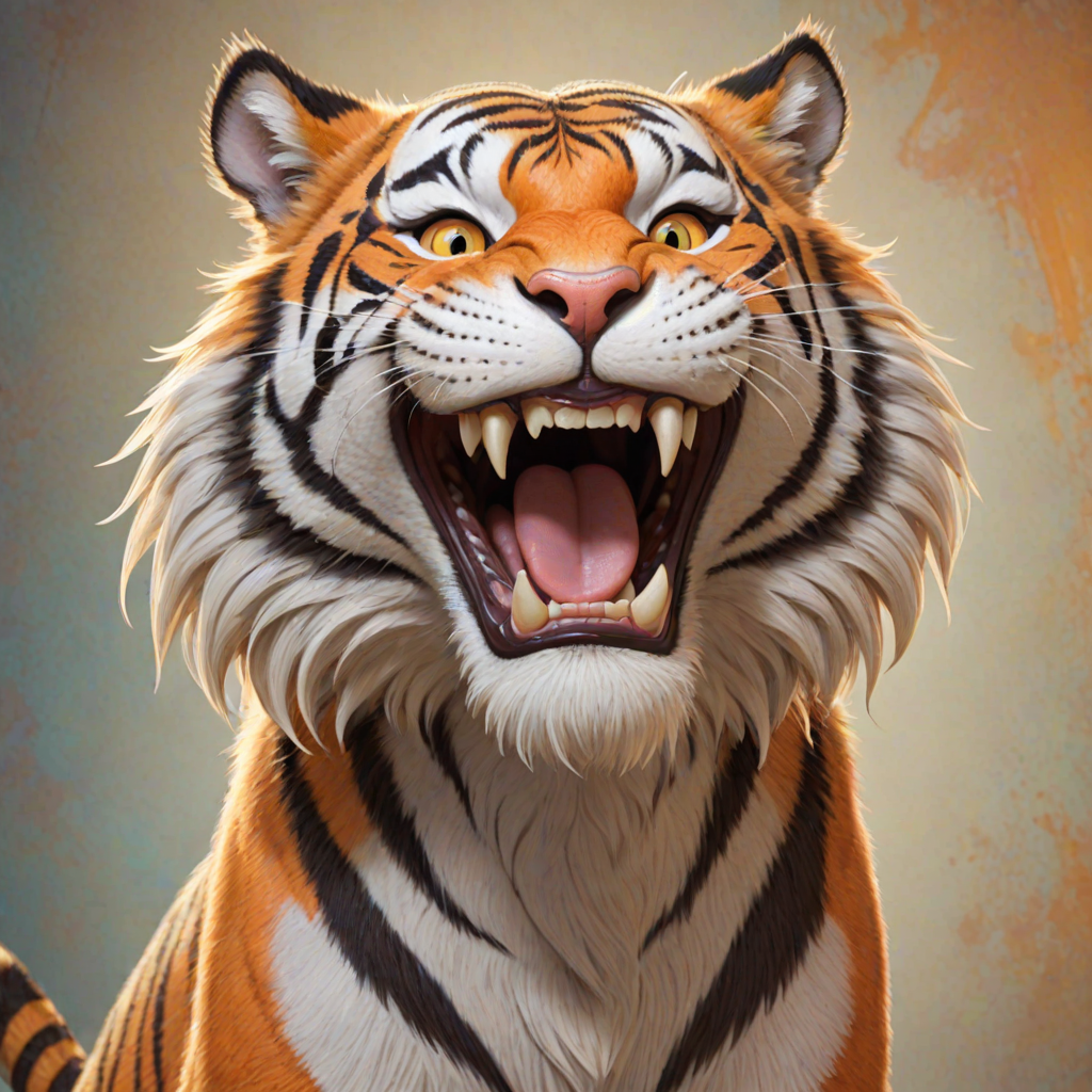 Disney style, cartoon illustration of an orange and white tiger with messy hair smiling very wide open mouth showing, in the Disney Pixar animation style, in the style of Don Bluth, full teeth body, with a very detailed face, very detailed eyes, very detailed fur, full color, very colorful, with a very colorful background, soft pastel colors, high resolution, high quality, high detail, hyper realistic