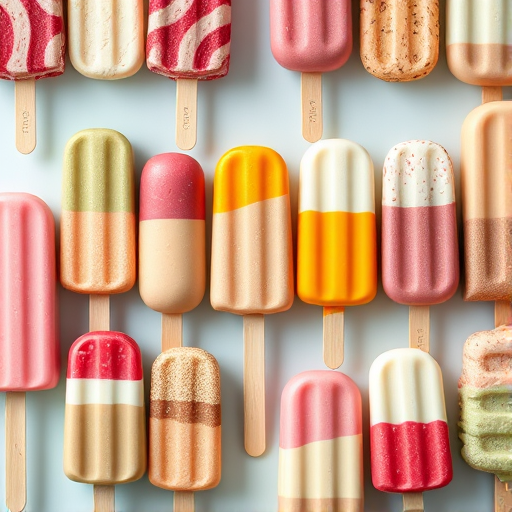 Create a high-resolution digital illustration of various ice cream pops in a grid layout, featuring vibrant colors and smooth textures, using a Canon EOS R5 camera with a 50mm lens, f/1.8 aperture, ISO 100, natural lighting, and a shallow depth of field for enhanced focus on the pops.
