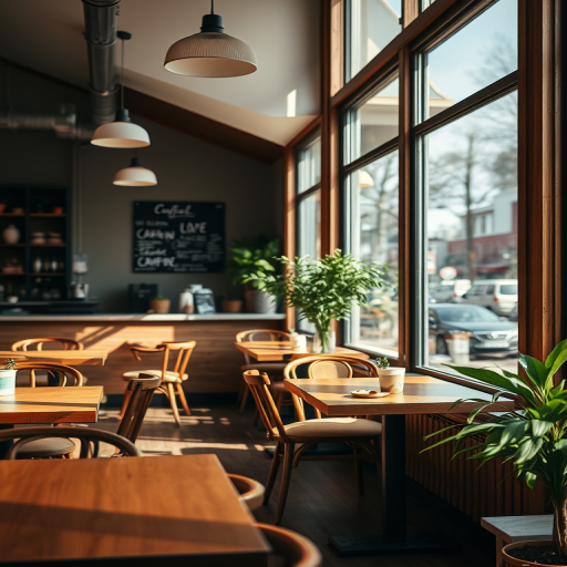 Create a cozy interior scene of a coffee shop with wooden furniture and large windows, using a Canon EOS R5 camera, 50mm lens, f/1.8 aperture, ISO 100, natural lighting, and a soft focus effect for a warm atmosphere.