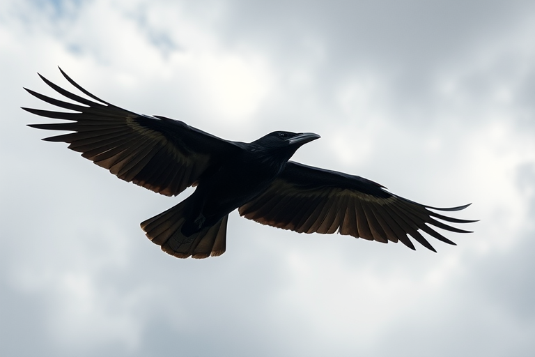 capture a raven in mid-flight against a cloudy sky using a DSLR camera with a 200mm lens, aperture f/4, ISO 200, shutter speed 1/1000s, shot from a low angle to emphasize flight dynamics and enhance detail in feathers
