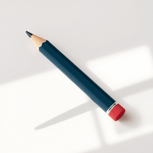 Create an image of a stylized, minimalist illustration of a large, sharp pencil in a dynamic position, with a modern design aesthetic, captured with a Canon EOS R5 at f/2.8, ISO 100, 1/250 sec, in a flat lay perspective with soft natural lighting.