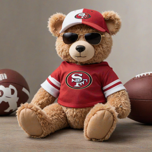 A cute and fluffy teddy bear dressed in a San Francisco 49ers-themed outfit, wearing a red cap with the 49ers logo, aviator sunglasses, and a white football jersey with red accents. The bear is also wearing casual jeans and red and white sneakers, while sitting in a relaxed pose with a football beside it. The teddy bear has a cool, laid-back attitude, with a sporty vibe. The background is clean and minimal, highlighting the bear as the main focus.