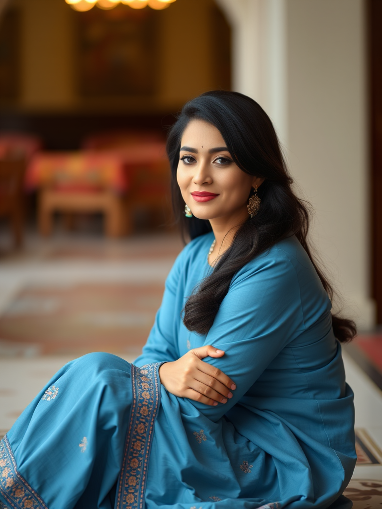 Portrait of a woman in a blue traditional outfit sitting on patterned floor, soft bokeh background, 85mm f/1.8 lens, aperture f/2.8, ISO 100, shutter speed 1/200s, natural light, DSLR camera.