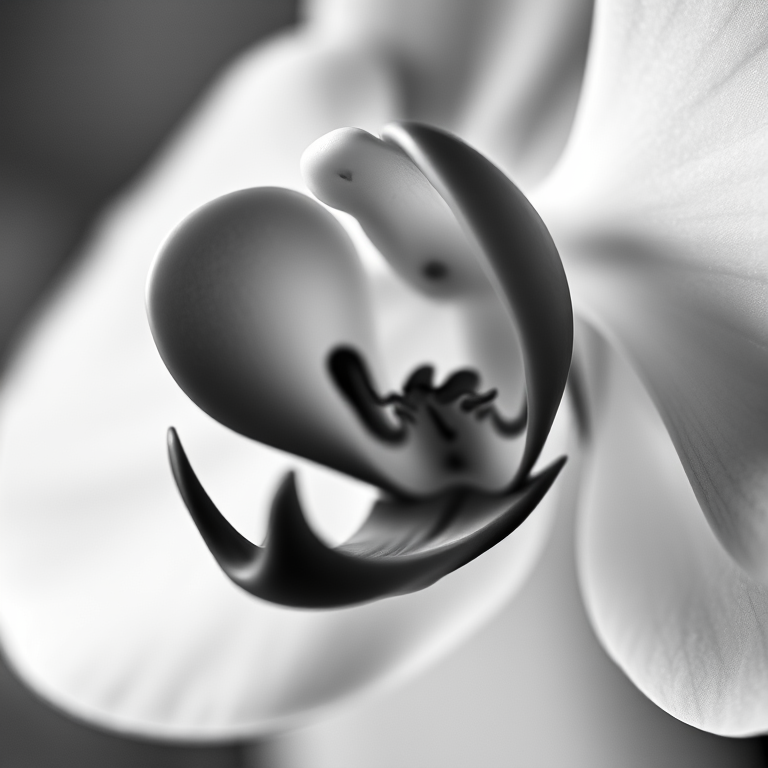 Close-up of an orchid flower in black and white, shallow depth of field, soft natural lighting, aperture f/2.8, shutter speed 1/200, ISO 100, macro lens, DSLR camera, blurred background.