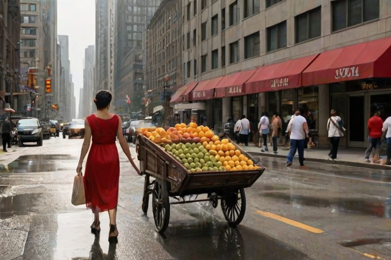 Sharp photo of a bustling city street at noon, a street vendor pushing a cart full of colorful fruits, a woman in a bright red dress walking past, skyscrapers towering above, taxis zooming by, reflections in the glass windows of nearby buildings, pedestrians rushing by with coffee cups in hand, sunlight glinting off a puddle on the sidewalk.