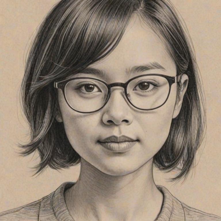 Alluring Charlyne Yi, pencil sketch, portrait of Captivating woman 1943s in glasses, hair style beatnik, outline, clear lines, fine lines, 8k