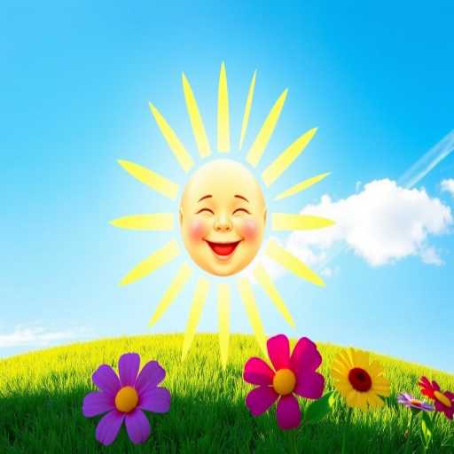 Create an image shows a bright, sun with a smiling baby's face in the center, radiating soft yellow rays. The sun is set against a clear blue sky with a few wispy clouds. Below, there's a lush green grassy hill with colorful, oversized flowers, giving the scene a whimsical, playful atmosphere.