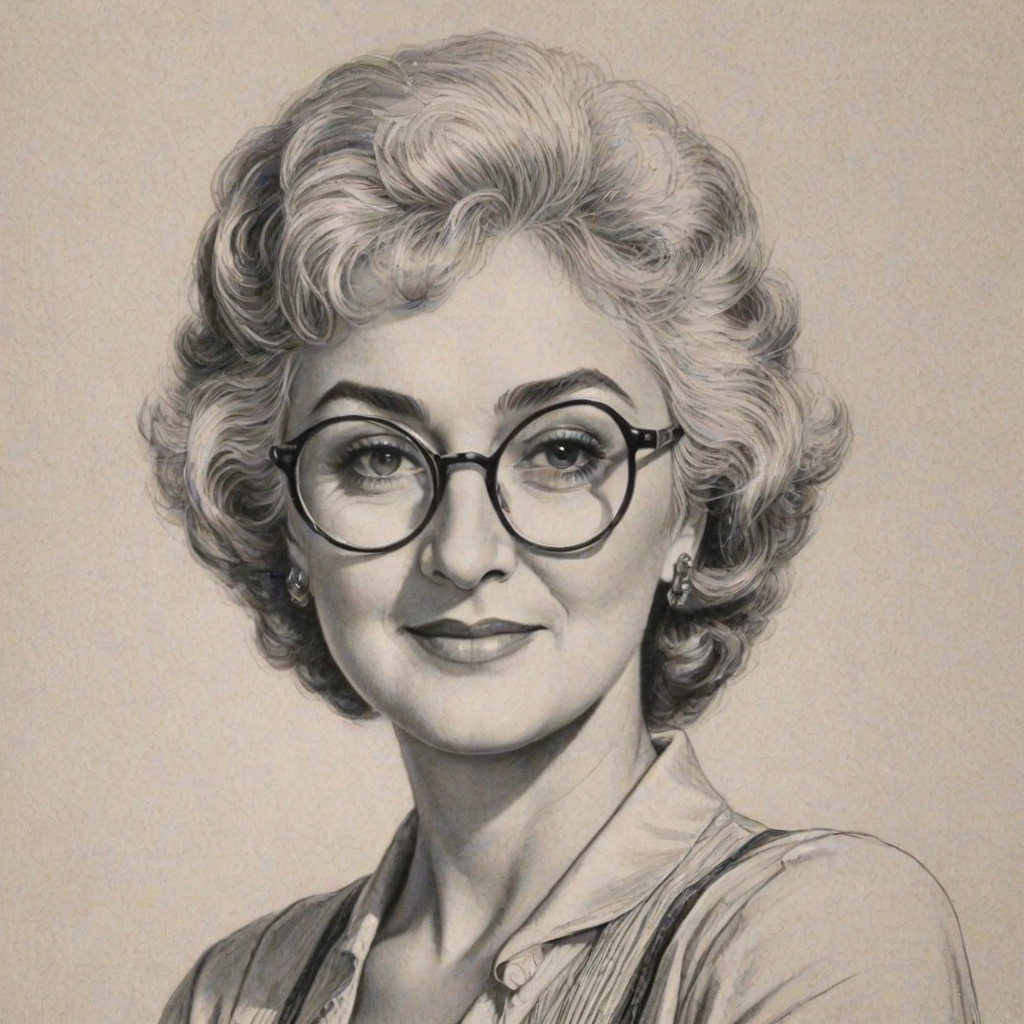 Attractive Bea Arthur, pencil sketch, portrait of Exquisite woman 1943s in glasses, hair style beatnik, outline, clear lines, fine lines, 8k