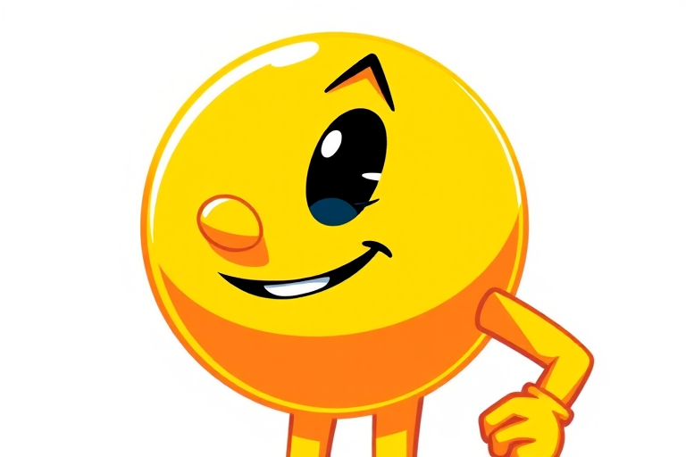 Create a vibrant illustration of a classic Pac-Man character in bright yellow, featuring a glossy eye and a playful expression, captured with a DSLR camera at f/2.8 for shallow depth of field, ISO 100 for crisp clarity, with a wide-angle lens to emphasize its iconic shape, using soft natural lighting to enhance the colors and reduce harsh shadows.