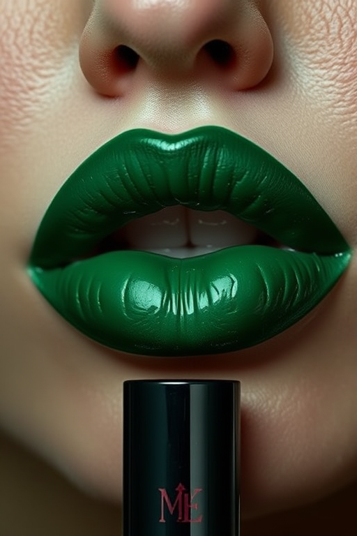 Mysterious Emerald Envy lip color featuring a deep green hue, glossy finish, and color-changing properties, ideal for daring and unconventional makeup looks