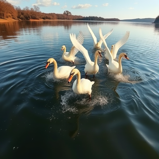 Capture a dynamic shot of swans taking off from a serene lake, with a fast shutter speed of 1/1000s, aperture set to f/5.6 for shallow depth of field, ISO 400 for clarity, using a Canon EOS DSLR with a 70-200mm lens at a mid-range focal length, from a low angle to accentuate the movement and water splashes.