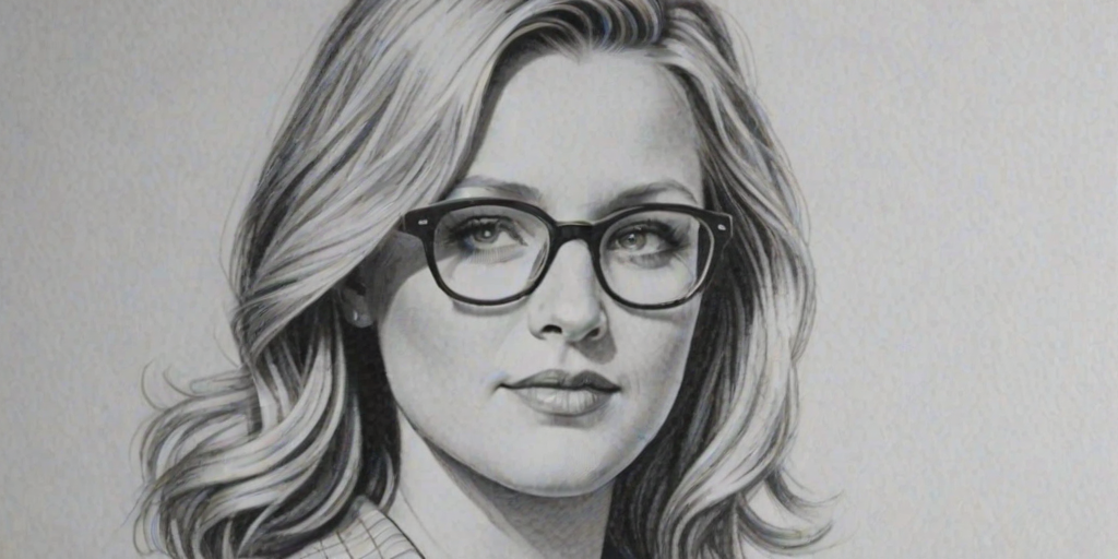 Comely Jessica Capshaw, pencil sketch, portrait of Alluring woman 1939s in glasses, hair style beatnik, outline, clear lines, fine lines, 8k