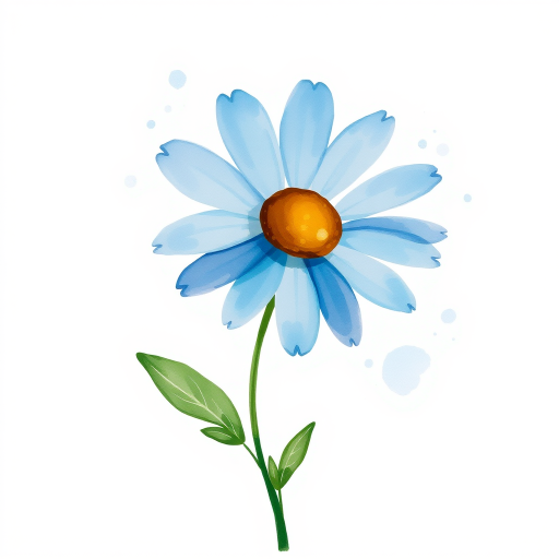 A single blue daisy flower in a loose, whimsical watercolor style. The petals are unevenly spread, with soft blue and brown tones. The stem is thin and slightly curved, with two green leaves, while watercolor splatters create an organic, artistic effect around the flower. The background is light beige with natural watercolor textures and splashes.