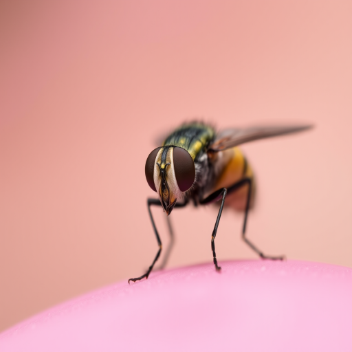 macro photograph of a fruit fly perched on a pink surface, shallow depth of field, f/2.8, 1/200s shutter speed, ISO 100, 100mm macro lens, natural light, soft focus background
