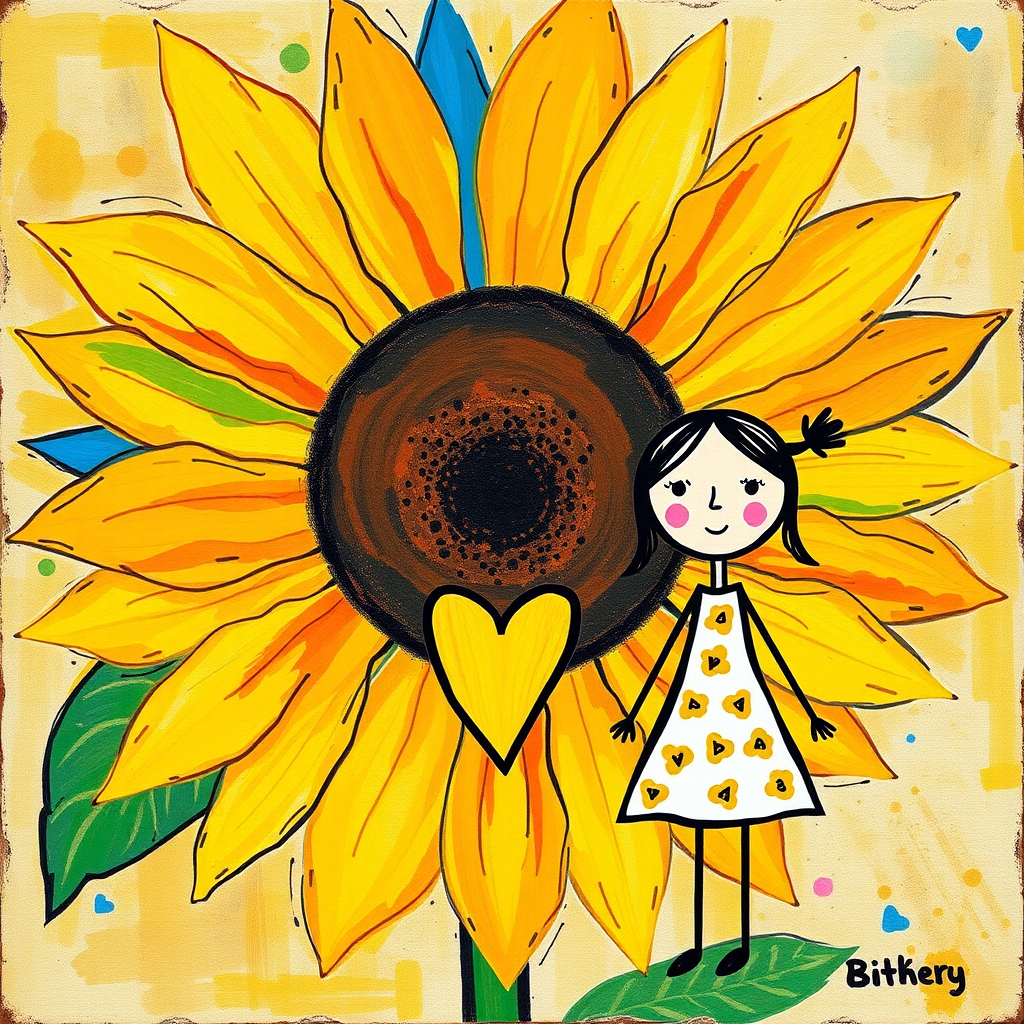 Stylized impressionism painting of a large sunflower with an oversized center and colorful petals. Beside, a young female character with eyes represented by dots and a mouth by a line, pink cheeks, hair attached, arms and legs a black line, flowery white dress triangle shape. A yellow heart surrounded by a black line between the two. Textured background with touches of colorful paint. Childish style.