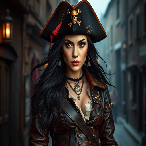 Create a portrait of a fierce female pirate. She wears a leather tricorn hat adorned with a skull and crossbones emblem, and her long, dark hair flows around her face. Her outfit consists of a richly detailed leather jacket, a corset, and multiple layers of belts and accessories, giving her a formidable and stylish appearance. She stands confidently in a dimly lit, historic port town, with a backdrop of weathered buildings and cobblestone streets, capturing the adventurous spirit of a pirate.