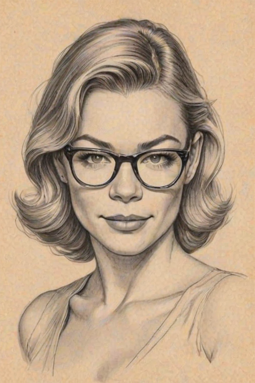 Charming LeAnn Rimes, pencil sketch, portrait of Comely woman 1948s in glasses, hair style beatnik, outline, clear lines, fine lines, 8k