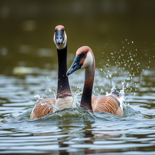 Capture a close-up of two Canadian geese splashing in water, using a DSLR camera with a 100mm lens, aperture set to f/4 for a shallow depth of field, ISO 200 for optimal light, shooting in RAW format at a fast shutter speed of 1/1000s to freeze the motion of the water droplets, and focus on the details of the feathers and water.