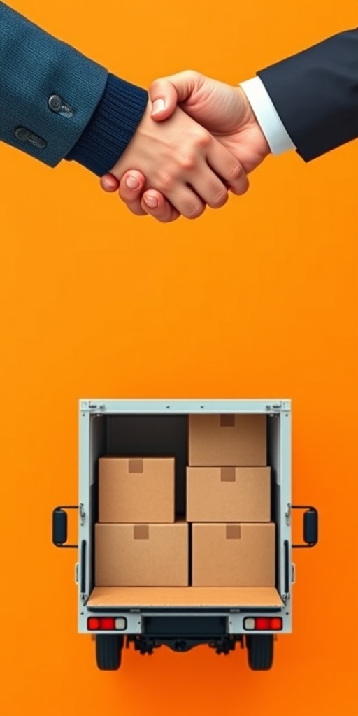 Generate an illustration of a handshake above a delivery truck with boxes in the back, use a bright orange background for a modern feel, shot with a DSLR camera at f/2.8 aperture, 50mm lens, in a flat lay perspective, with high saturation and sharp focus for clarity.