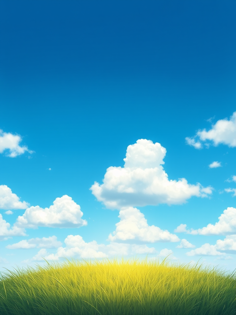 Create a serene digital illustration of a clear blue sky with fluffy white clouds and a small grassy foreground, using a wide-angle lens with an aperture of f/8 for depth, set at a high resolution of 300 DPI, captured in a soft-focus style.