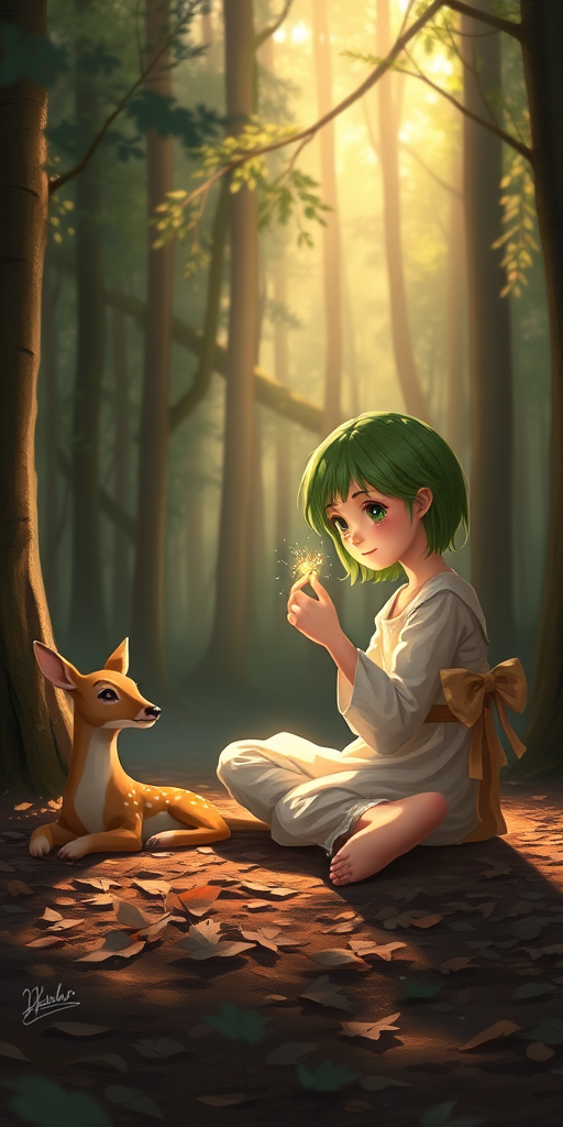 A luminous digital painting of a serene forest scene featuring a barefoot young female, about 7 years old, with green hair and fair skin, dressed in a simple white outfit. He sits cross-legged on the forest floor, gazing at a small, glowing, magical firefly in his hand. Beside him, a delicate spotted deer lies calmly on a bed of dried leaves, observing the scene. The dense forest is bathed in warm, golden light filtering through the trees, creating a peaceful, magical atmosphere with a blend of natural and mystical elements.