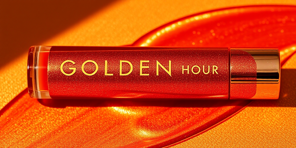 Glamorous "Golden Hour" metallic liquid lipstick featuring warm, sun-kissed tones with a high-shine finish, perfect for creating a radiant, glowing makeup look