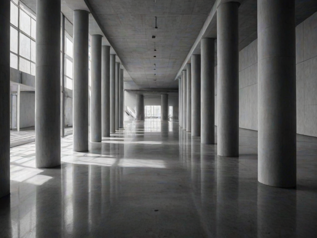 create a black and white image of tall concrete columns casting long shadows on a smooth floor in an indoor setting with dramatic lighting and a sense of depth and perspective