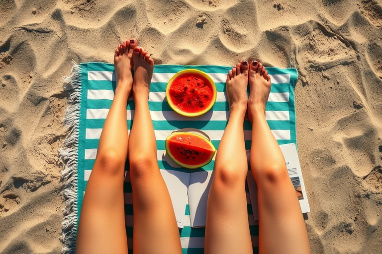 aerial view of a beach scene with two pairs of legs on a towel, a plate of watermelon, and books beside them, sunny day, vibrant colors, soft focus, shot with a DSLR camera at f/2.8, ISO 100, 24mm lens, high dynamic range, natural light