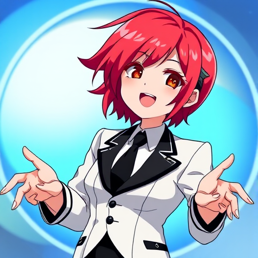 Create an anime character with bright red hair, wearing a stylish white and black suit, smiling and gesturing with open hands, set against a soft blue circular bokeh background, using a Canon EOS R5, 50mm lens, f/1.8, ISO 100, natural lighting.