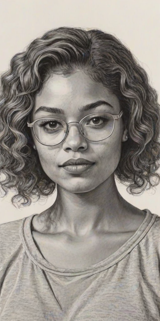 Beauteous Antonia Thomas, pencil sketch, portrait of Ravishing woman 1977s in glasses, hair style beatnik, outline, clear lines, fine lines, 8k