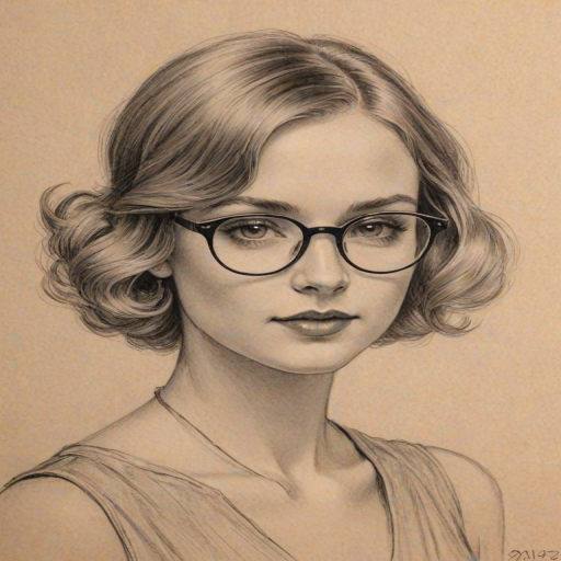 Elegant Alyvia Alyn Lind, pencil sketch, portrait of Lovely woman 1923s in glasses, hair style beatnik, outline, clear lines, fine lines, 8k