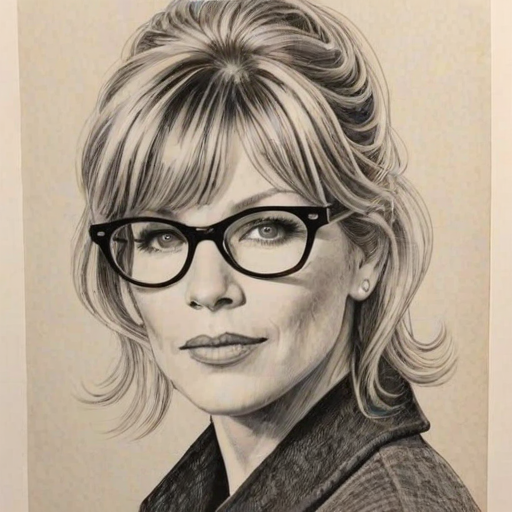 Superb Kate Capshaw, pencil sketch, portrait of Fetching woman 1960s in glasses, hair style beatnik, outline, clear lines, fine lines, 8k