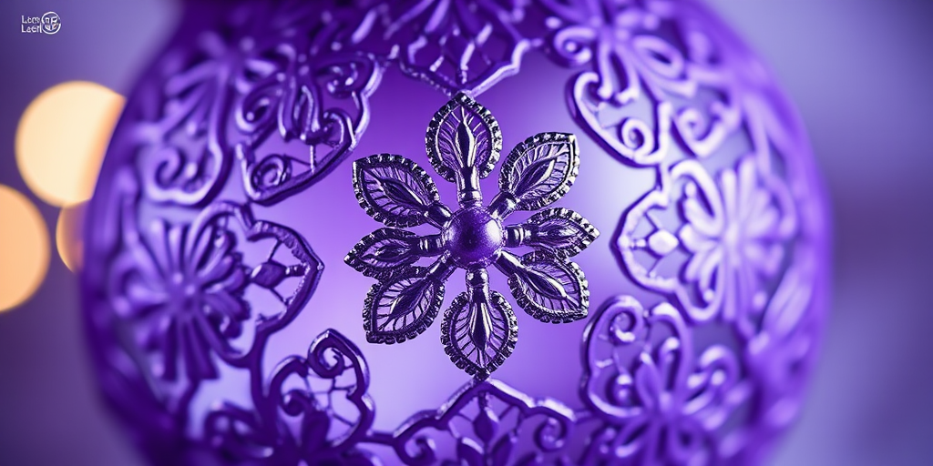 Create a high-resolution image of an intricate purple ornament with detailed lace patterns, using a DSLR camera, 50mm lens, f/2.8 aperture, 1/100s shutter speed, and soft diffused lighting.