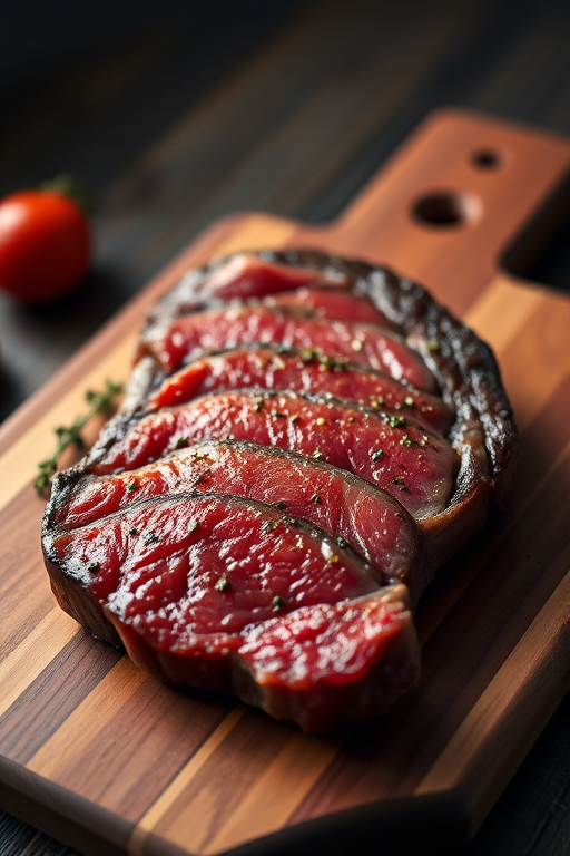 Create a hyper-realistic image of a cut of beef steak on a wooden cutting board, using a DSLR camera with a 50mm lens, aperture set to f/2.8, ISO 100, and a soft natural lighting setup to enhance the texture and color of the meat.