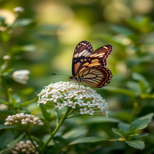 Generate an image of a butterfly perched on a cluster of white flowers, surrounded by green foliage. The background should be softly blurred, creating a serene and tranquil atmosphere. The butterfly should have intricate patterns on its wings, showcasing a mix of dark and light colors.