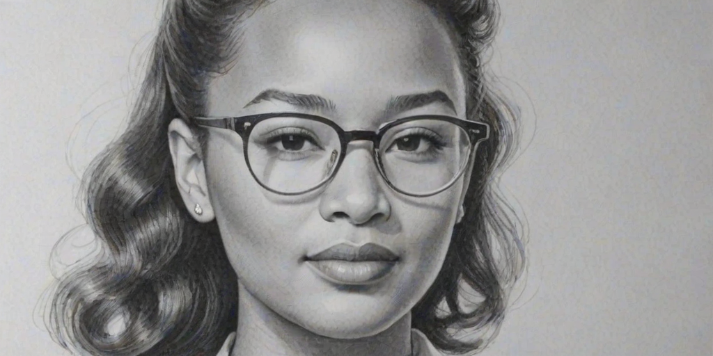 Superb John Legend, pencil sketch, portrait of Radiant woman 1944s in glasses, hair style beatnik, outline, clear lines, fine lines, 8k