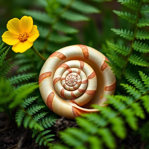 Create a high-resolution still life image of a spiral shell surrounded by ferns and a yellow flower, using a DSLR camera with a 50mm lens, aperture f/2.8, ISO 100, shot in natural light with a shallow depth of field to enhance the foreground details.