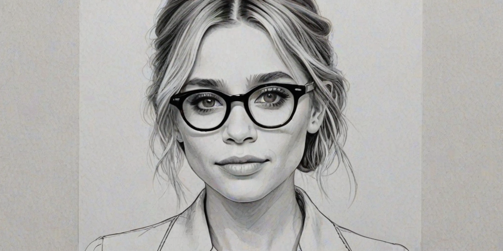 Beauteous Ashley Olsen, pencil sketch, portrait of Stunning woman 1932s in glasses, hair style beatnik, outline, clear lines, fine lines, 8k