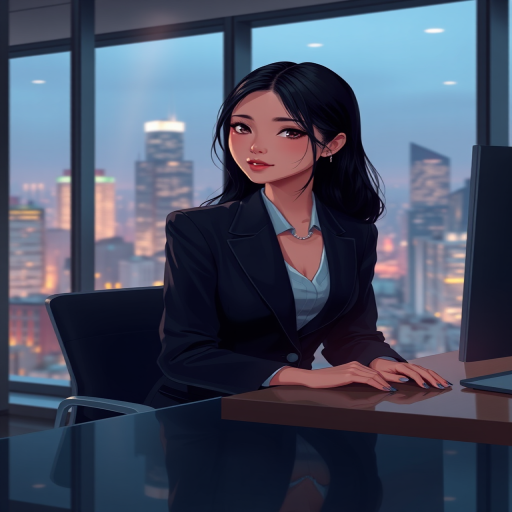 Create a high-resolution digital illustration of a young woman in a black suit seated at a modern office desk with a city skyline visible through large windows, soft ambient lighting, 50mm lens, f/1.8 aperture, ISO 200, depth of field focused on the subject, cinematic style, digital art.