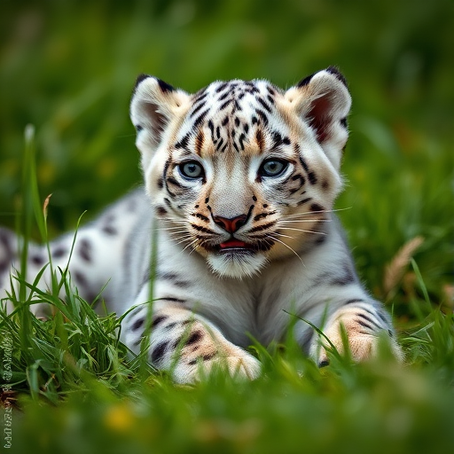 A close-up shot of a playful snow leopard cub lying in lush green grass, taken with a Canon EOS 5D Mark IV, 200mm lens, f/2.8 aperture, ISO 400, natural lighting, shallow depth of field for a soft background effect.