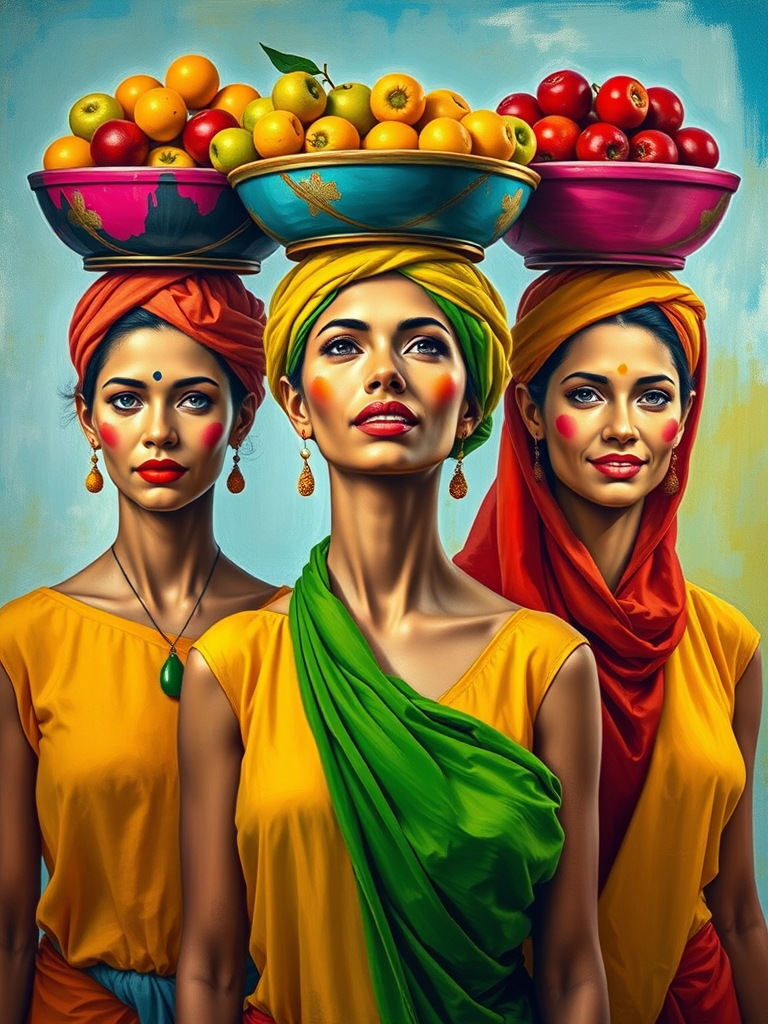 Create a vibrant painting of three colorful women carrying bowls of fruit on their heads, with expressive faces and bright clothing, using a DSLR camera at f/8, ISO 200, 50mm lens, and soft diffused lighting for enhanced color saturation and clarity.