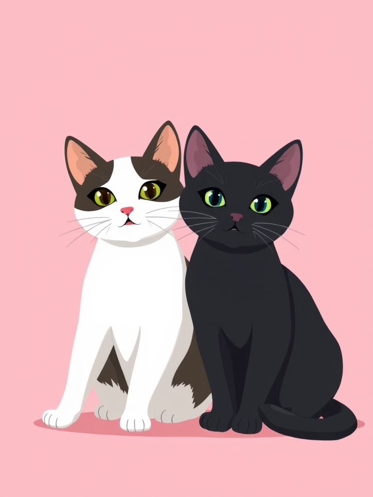 Create an illustration of a black cat and a white cat sitting side by side, use a soft pink background, camera settings: ISO 200, aperture f/2.8, shutter speed 1/60s, camera view: portrait, camera style: digital illustration, camera type: DSLR.