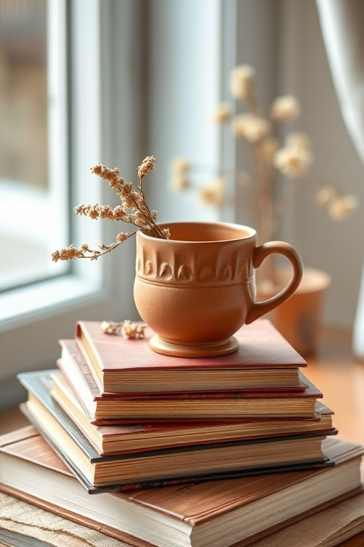 A cozy still life featuring a clay cup on a stack of books with a sprig of dried flowers, soft natural light from a window, 50mm lens, f/2.8 aperture, ISO 200, shallow depth of field, focused on the cup with a blurred background.