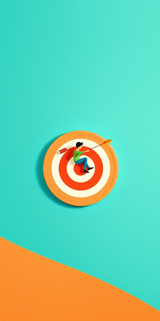 Create a digital illustration of a person riding an arrow towards a target on a turquoise background, using a 50mm lens, f/2.8 aperture, and ISO 100 for vibrant colors and sharp details, shot in a flat lay style with a focus on minimalist design elements.