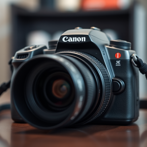 Create a high-resolution image of a modern digital camera with a sleek design, using a 35mm lens, f/2.8 aperture, 1/125 sec shutter speed, ISO 100, shot from a low angle with a shallow depth of field to blur the background.