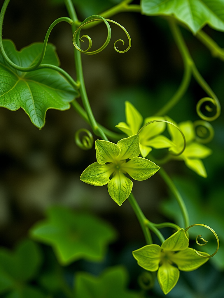 Generate a high-resolution image of stylized green vine flowers with swirling tendrils, captured with a Canon EOS R5 using a 50mm f/1.2 lens, f-stop at 2.8, ISO 100, and a soft-focus background to enhance vibrancy and detail.