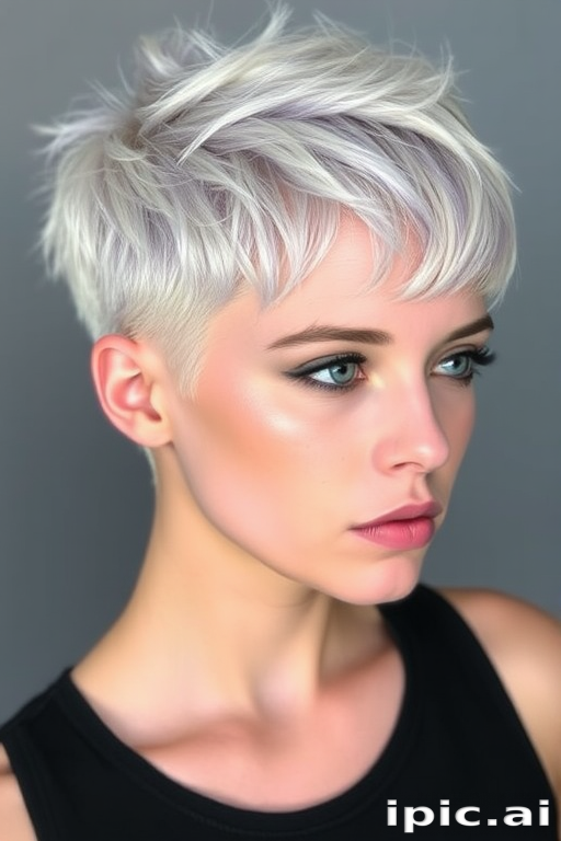 Striking platinum pixie cut with shaved sides and a textured top, accented by subtle lavender highlights throughout, exuding confidence and edginess in the "Moonlit Rebel" look