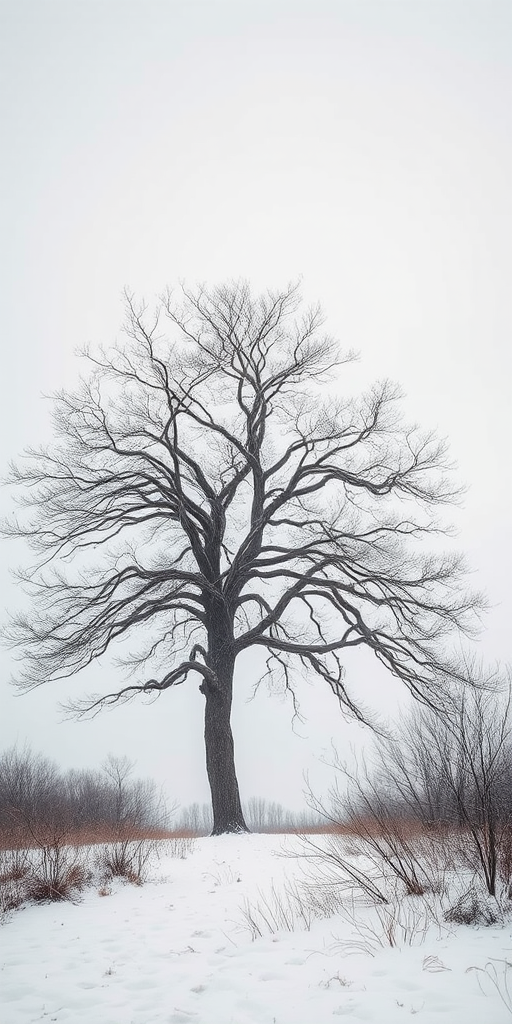 Regenerate a minimalist winter landscape featuring a solitary tree with intricate branches, soft focus to create an ethereal atmosphere, shot with a Canon EOS R5, 50mm lens, aperture f/1.8, ISO 200, shutter speed 1/200s, natural soft lighting.